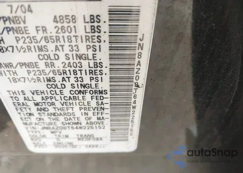 2004 Nissan Murano Sl z USA, uszkodzony, nr VIN JN8AZ08T64W225152